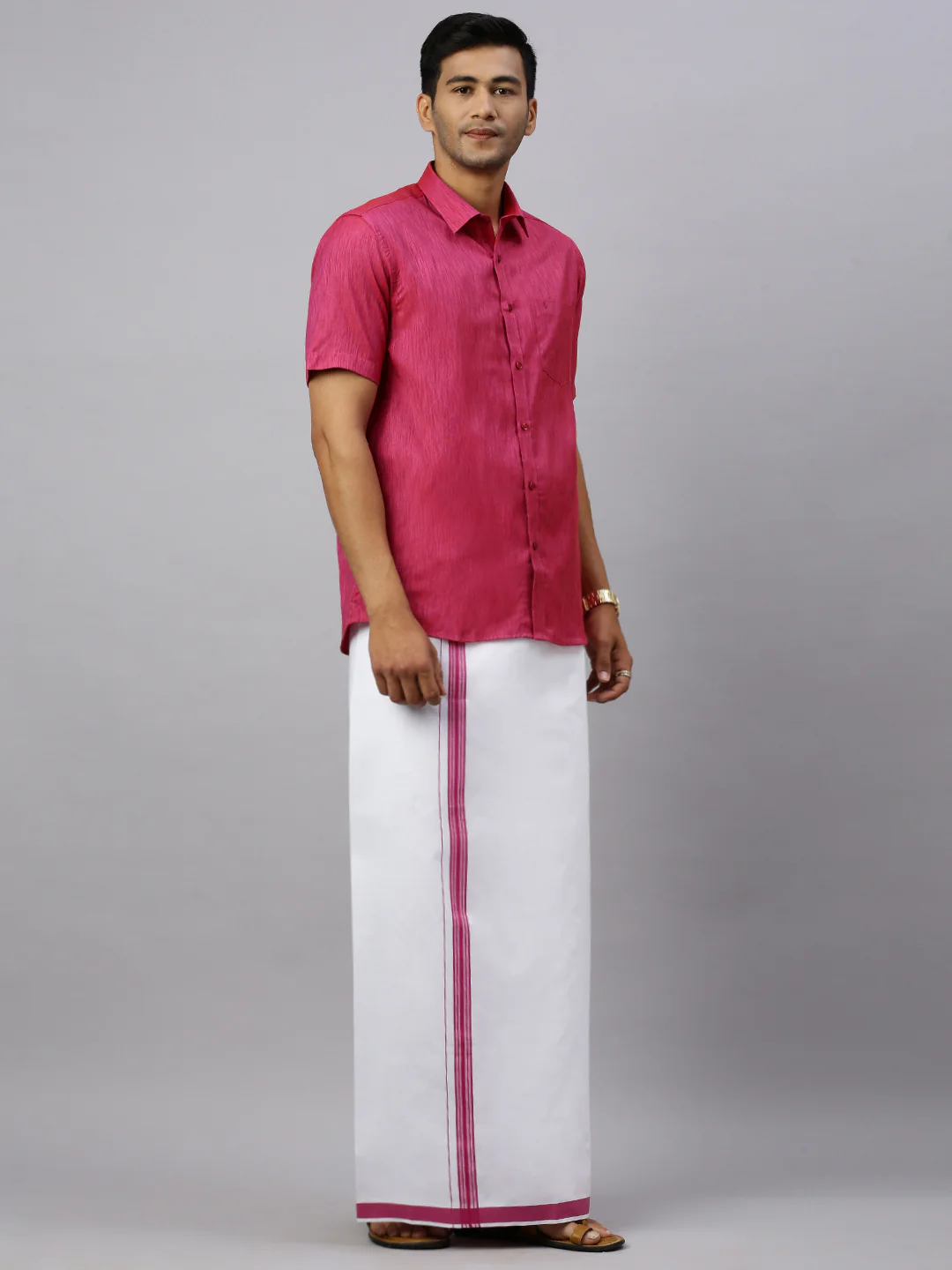 Men Magenta Matching Border Dhoti & Half Sleeves Shirt Set CV2 - Image 3