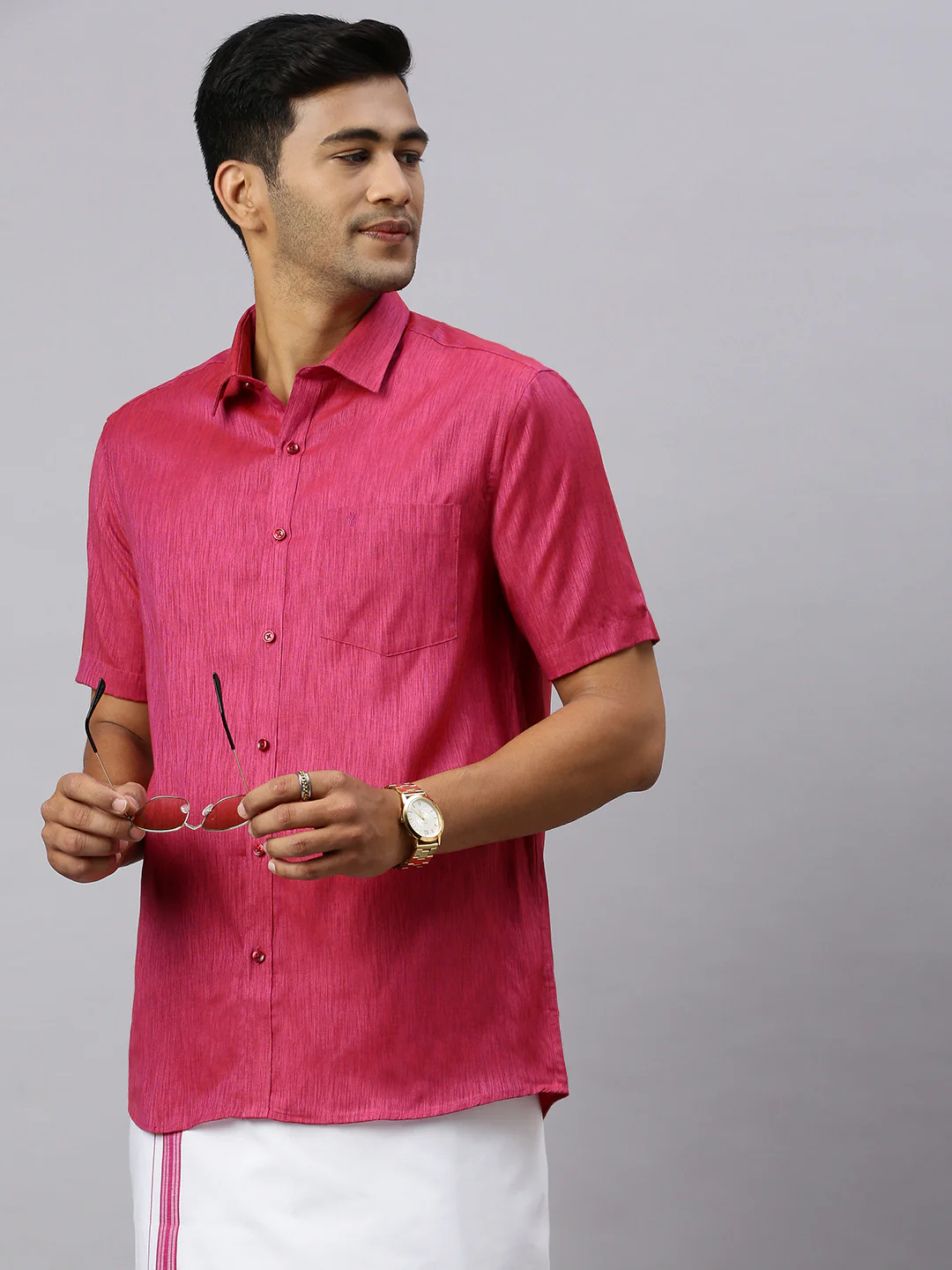 Men Magenta Matching Border Dhoti & Half Sleeves Shirt Set CV2 - Image 4