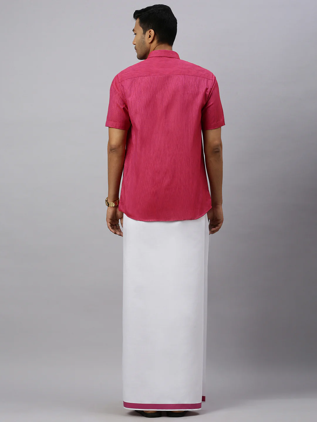 Men Magenta Matching Border Dhoti & Half Sleeves Shirt Set CV2 - Image 5