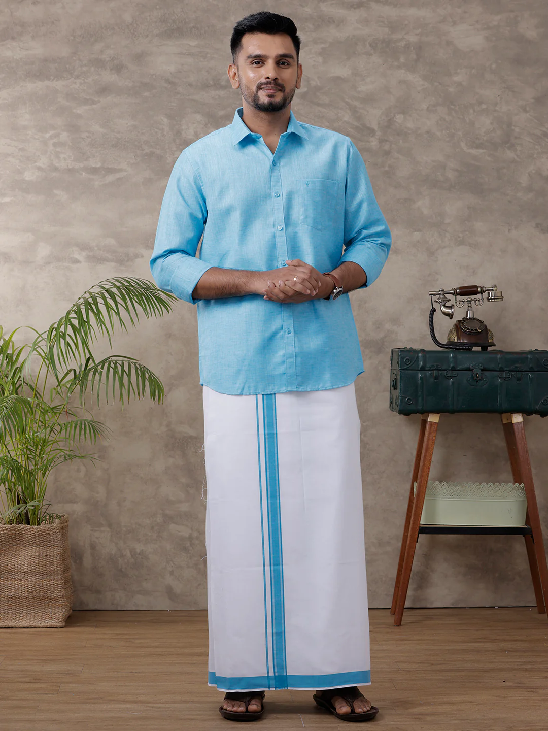 Men Matching Border Dhoti & Full Sleeves Shirt Set Blue C11 - Image 5