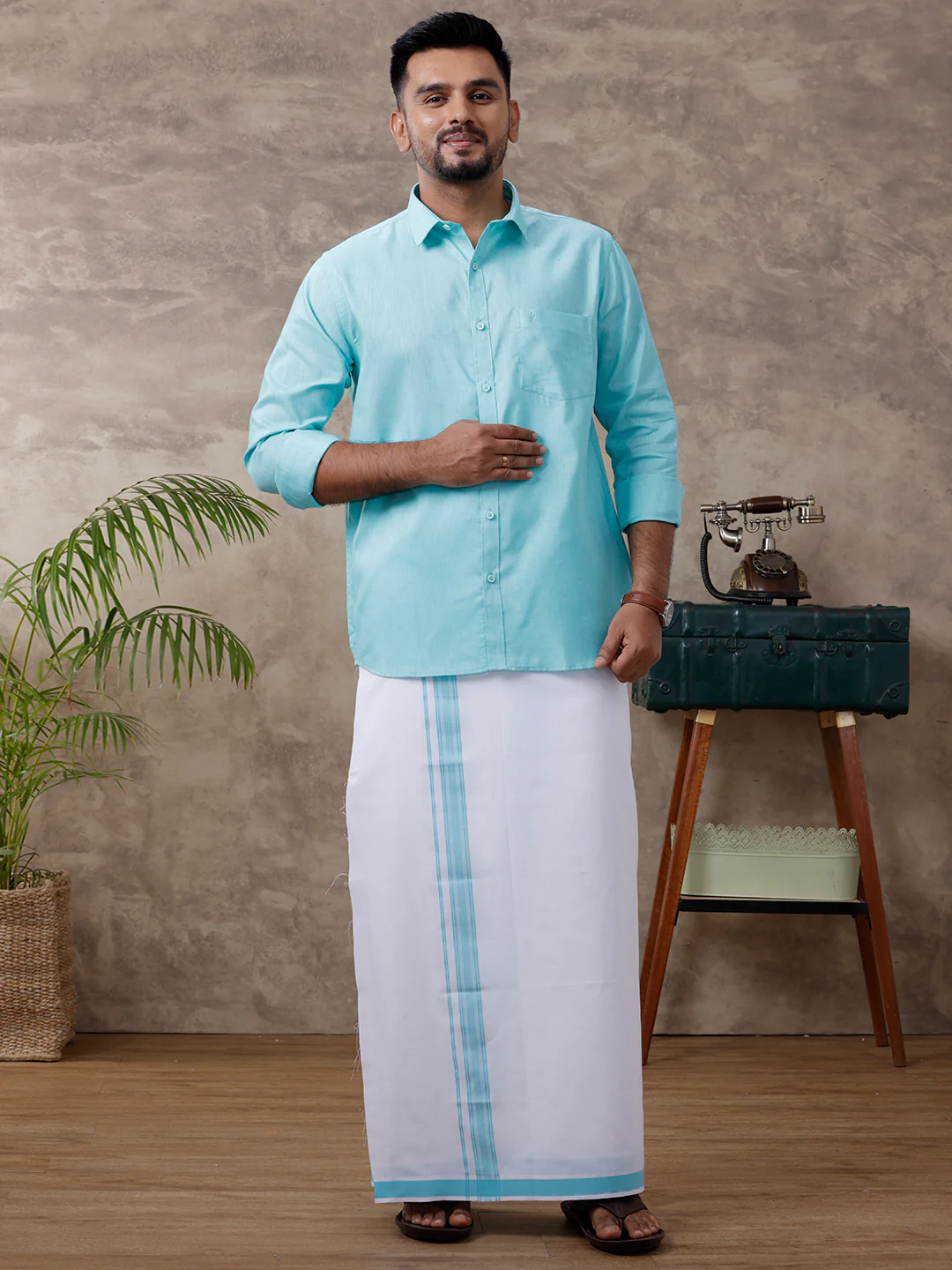 Men Matching Border Dhoti & Full Sleeves Shirt Set Blue C50 - Image 2