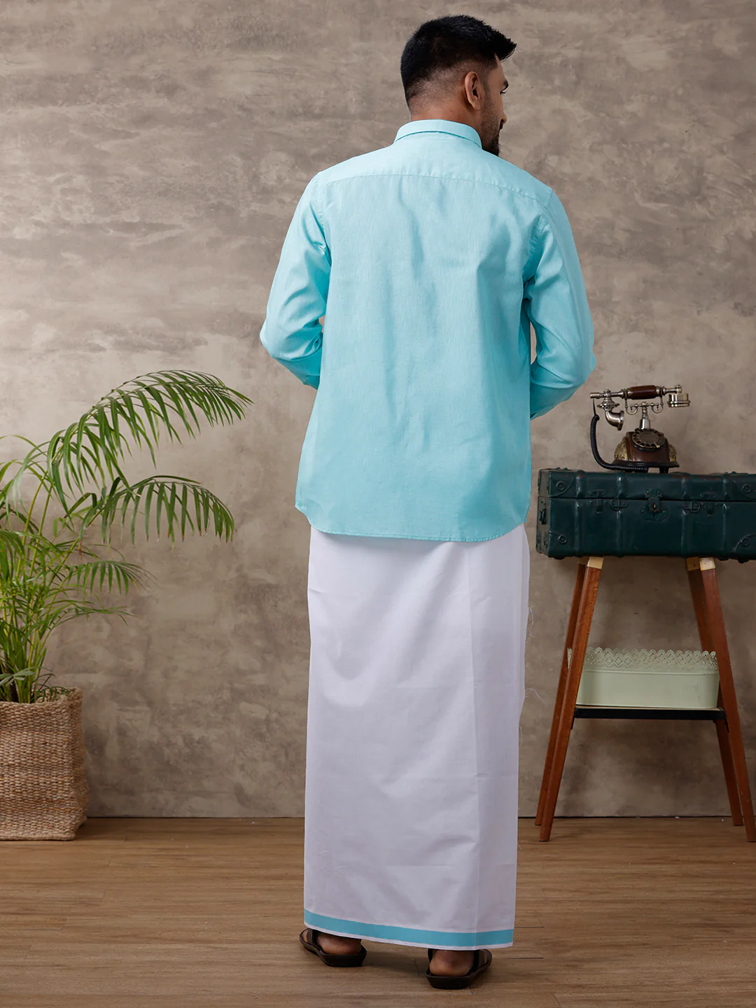 Men Matching Border Dhoti & Full Sleeves Shirt Set Blue C50 - Image 3