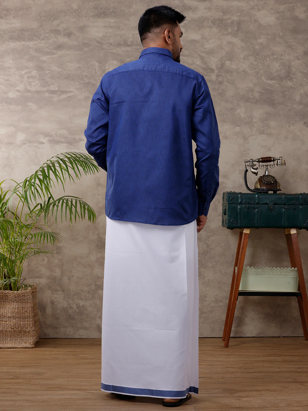 Men Matching Border Dhoti & Full Sleeves Shirt Set Blue C80 - Image 3