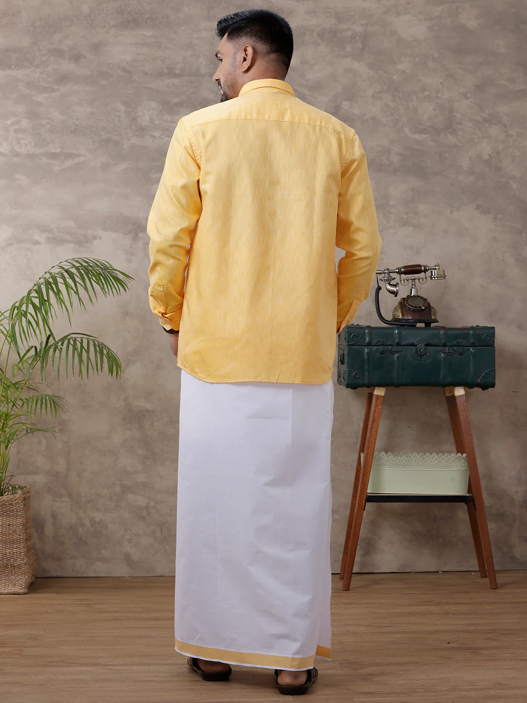 Men Matching Border Dhoti & Full Sleeves Shirt Set Gold C3 - Image 3