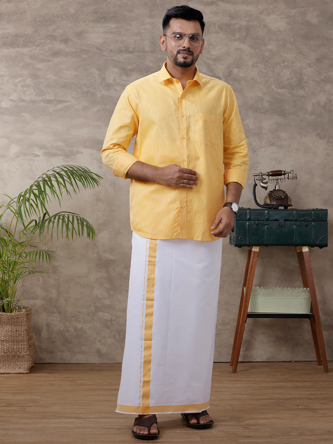 Men Matching Border Dhoti & Full Sleeves Shirt Set Gold C3 - Image 6