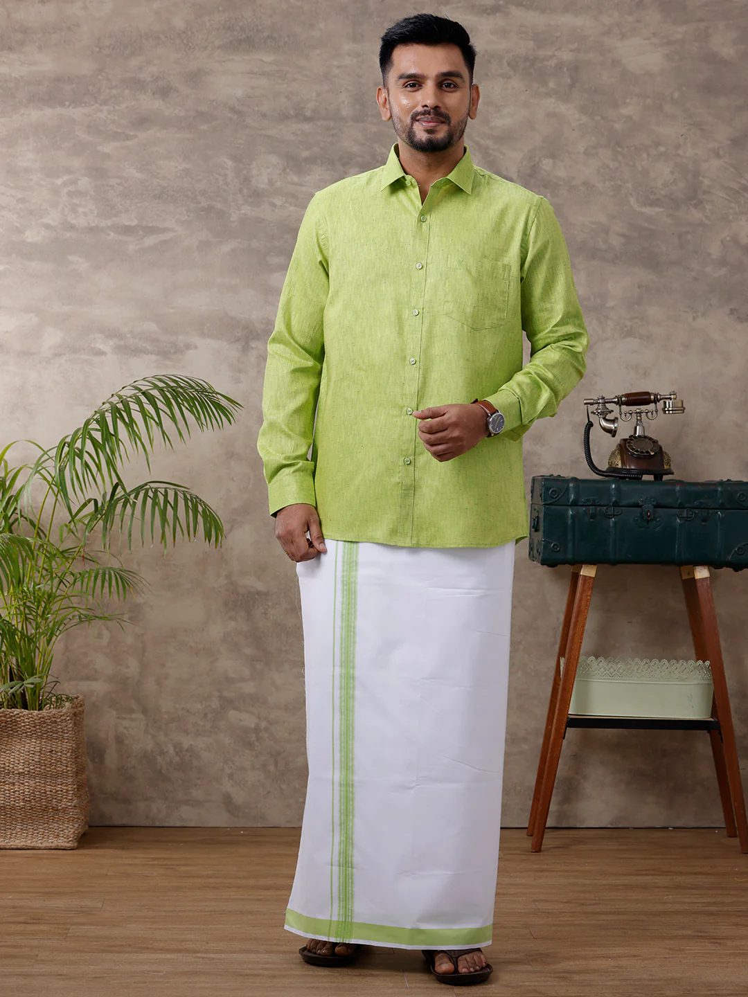 Men Matching Border Dhoti & Full Sleeves Shirt Set Green C82 - Image 2