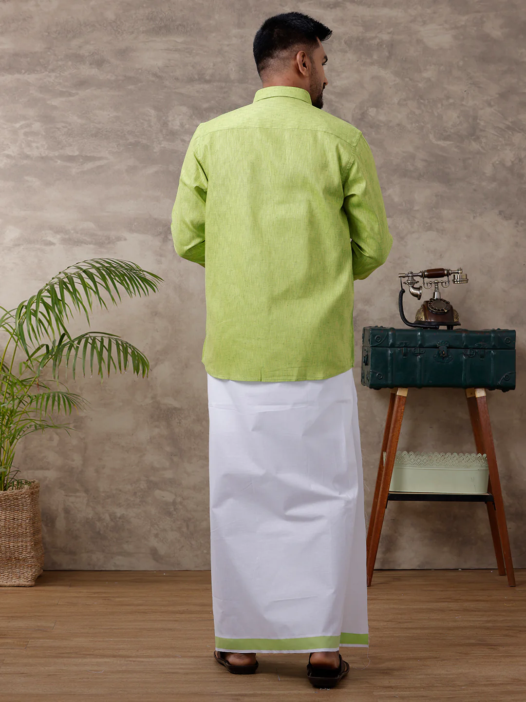 Men Matching Border Dhoti & Full Sleeves Shirt Set Green C82 - Image 3