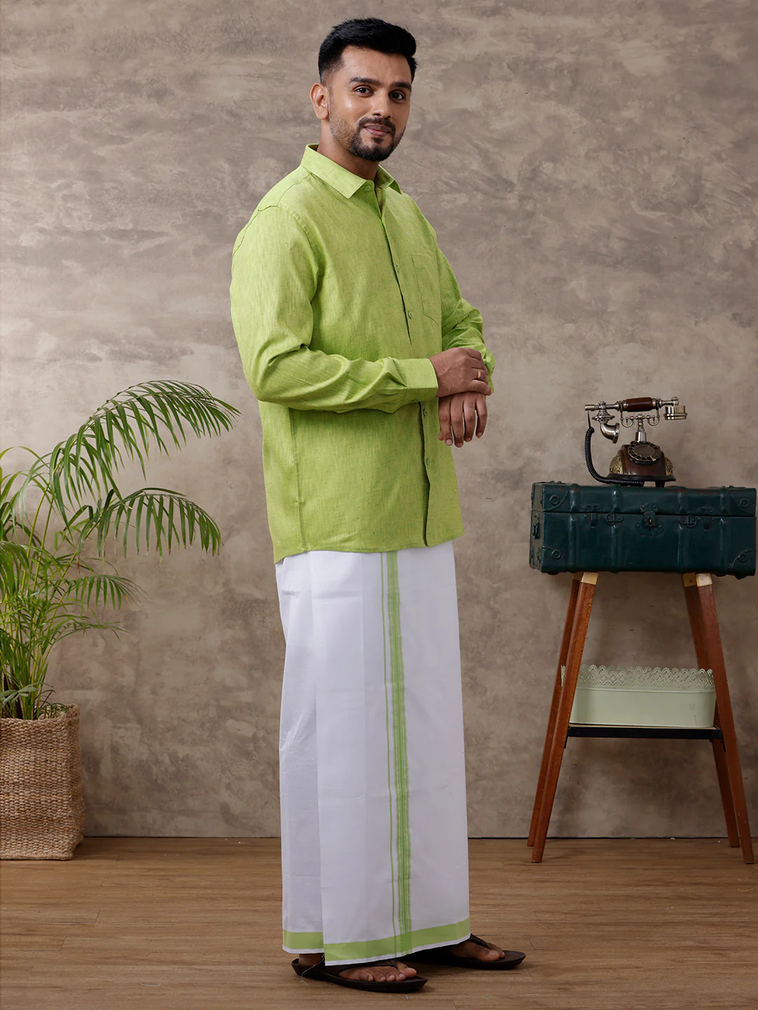 Men Matching Border Dhoti & Full Sleeves Shirt Set Green C82 - Image 4