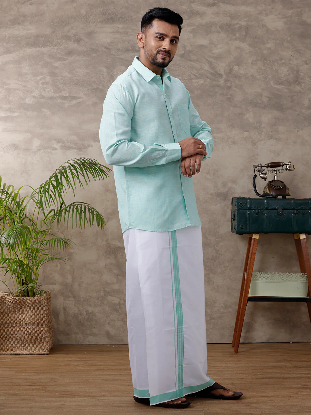 Men Matching Border Dhoti & Full Sleeves Shirt Set Light Pista Green C83 - Image 2