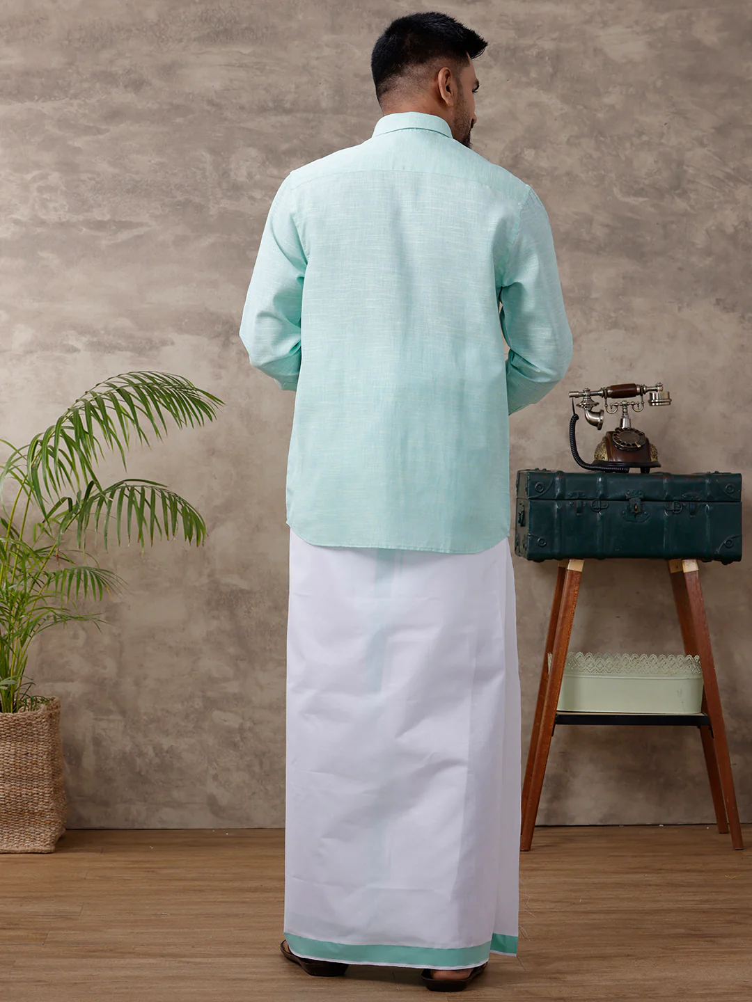 Men Matching Border Dhoti & Full Sleeves Shirt Set Light Pista Green C83 - Image 4