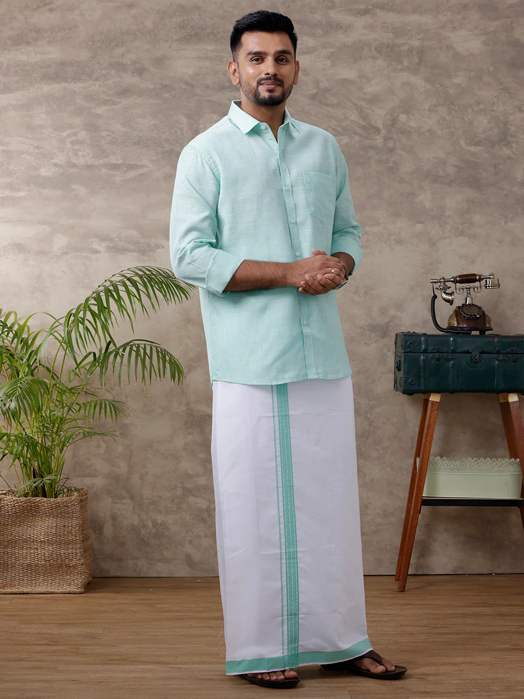 Men Matching Border Dhoti & Full Sleeves Shirt Set Light Pista Green C83 - Image 5