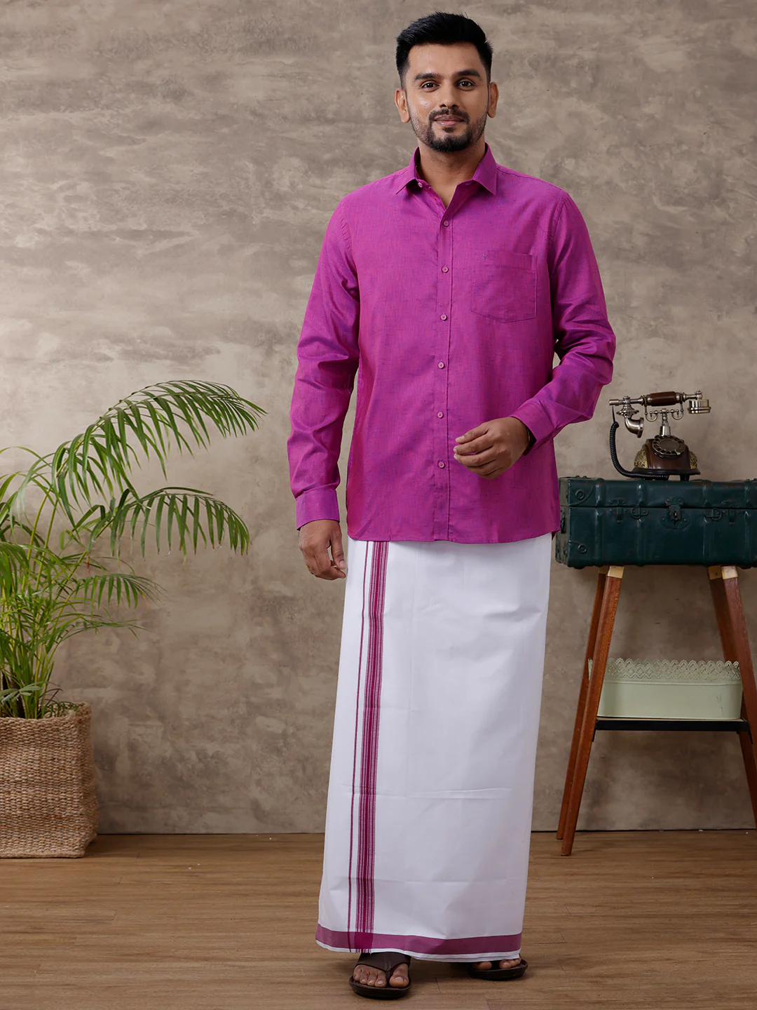 Men Matching Border Dhoti & Full Sleeves Shirt Set Magenta C49 - Image 2