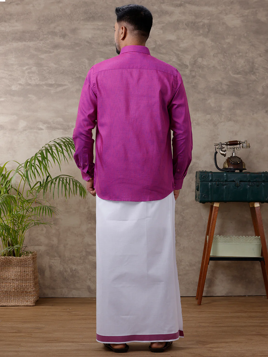 Men Matching Border Dhoti & Full Sleeves Shirt Set Magenta C49 - Image 4