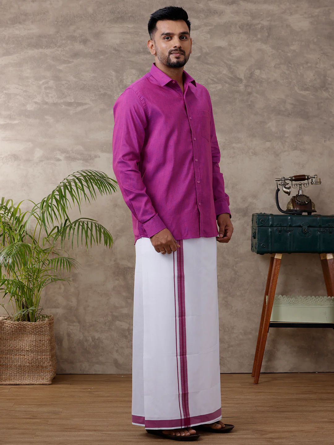 Men Matching Border Dhoti & Full Sleeves Shirt Set Magenta C49 - Image 5