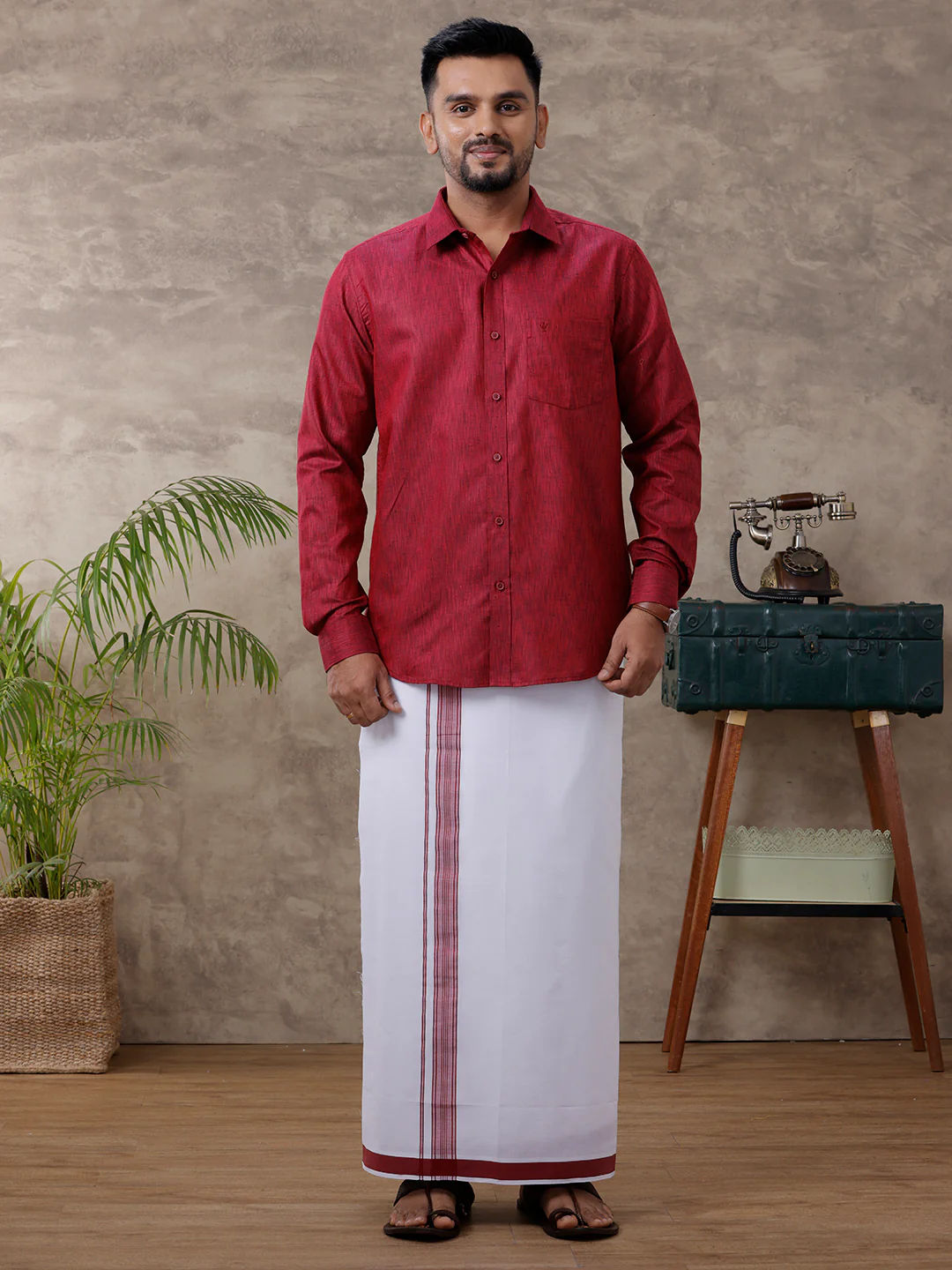 Men Matching Border Dhoti & Full Sleeves Shirt Set Maroon C81 - Image 2