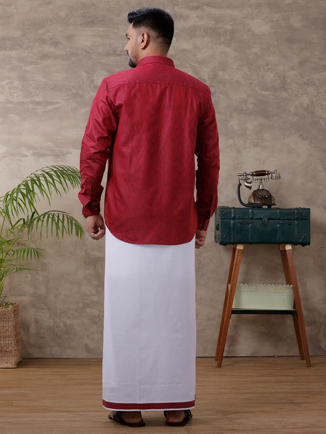 Men Matching Border Dhoti & Full Sleeves Shirt Set Maroon C81 - Image 4