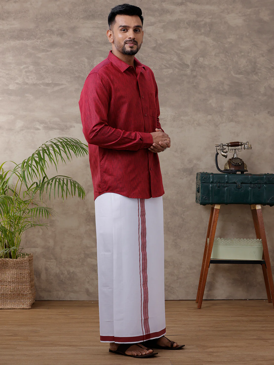 Men Matching Border Dhoti & Full Sleeves Shirt Set Maroon C81 - Image 5