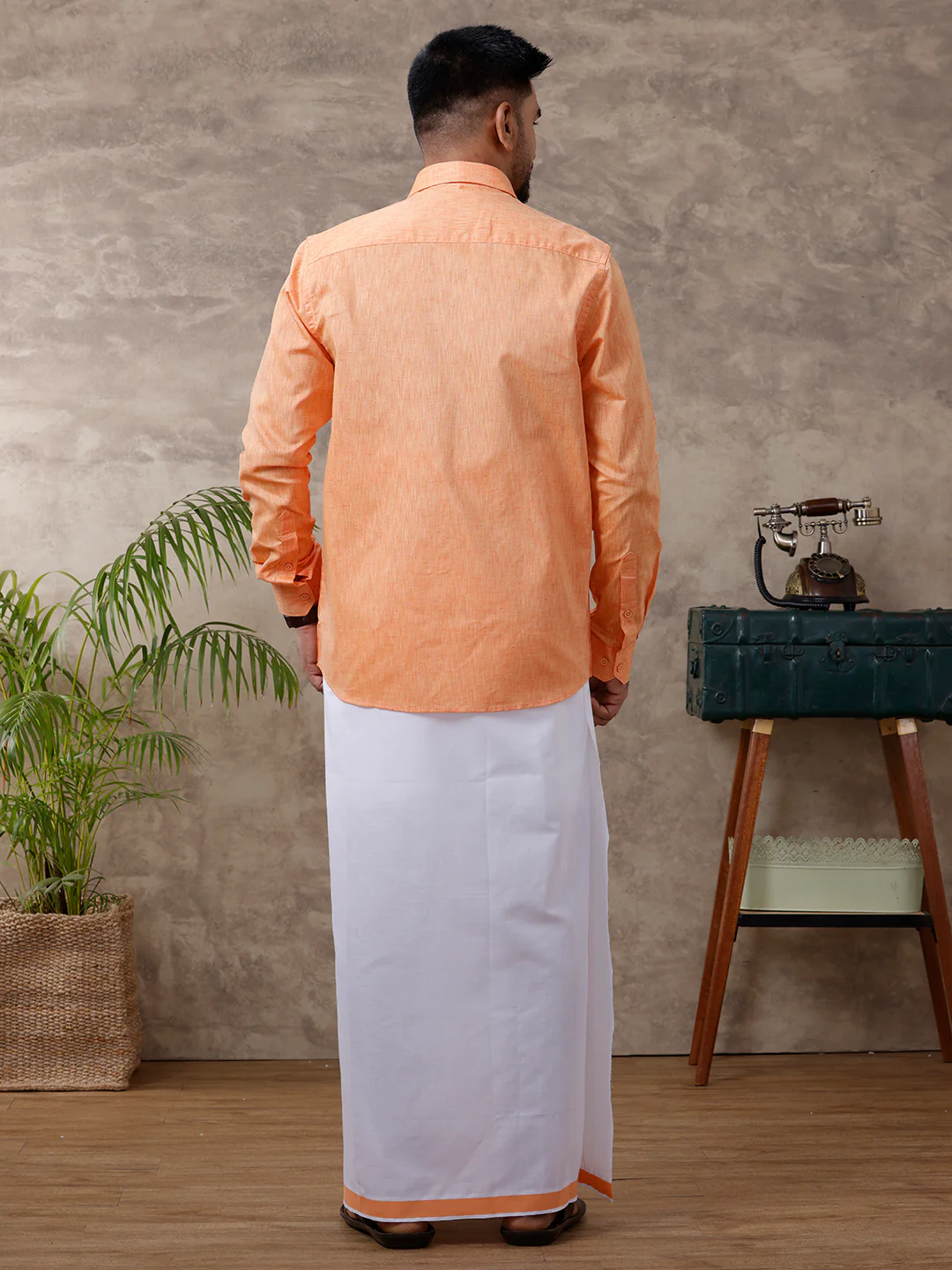 Men Matching Border Dhoti & Full Sleeves Shirt Set Orange C2 - Image 4