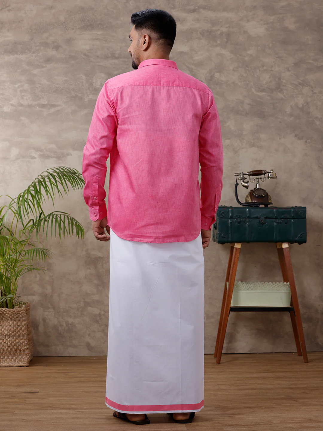 Men Matching Border Dhoti & Full Sleeves Shirt Set Rose C34 - Image 4
