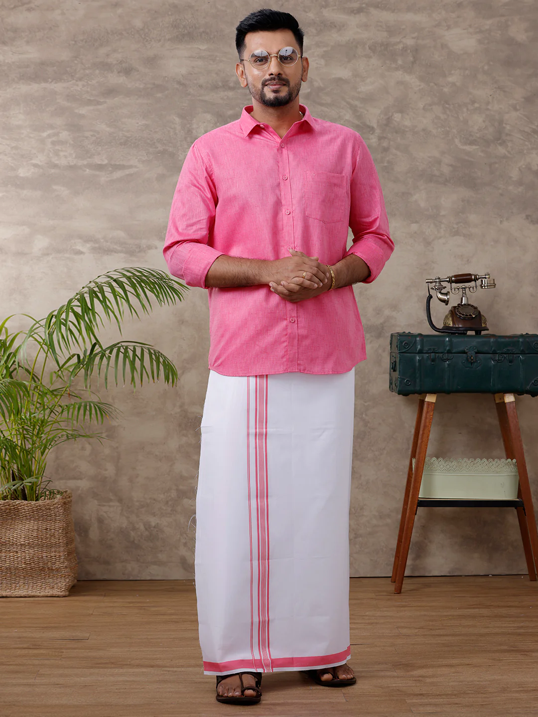 Men Matching Border Dhoti & Full Sleeves Shirt Set Rose C34 - Image 6