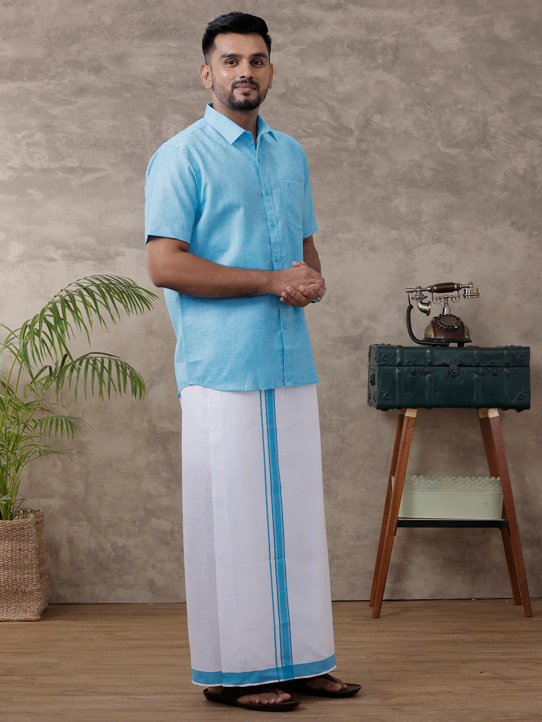 Men Matching Border Dhoti & Half Sleeves Shirt Set Blue C11 - Image 2