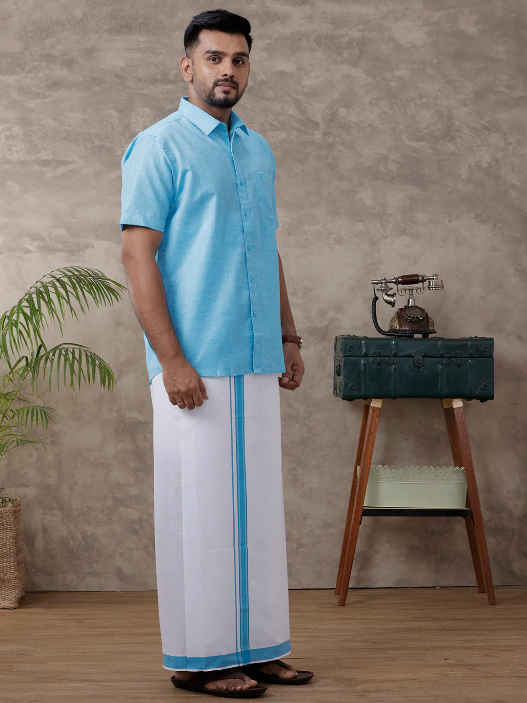 Men Matching Border Dhoti & Half Sleeves Shirt Set Blue C11 - Image 5