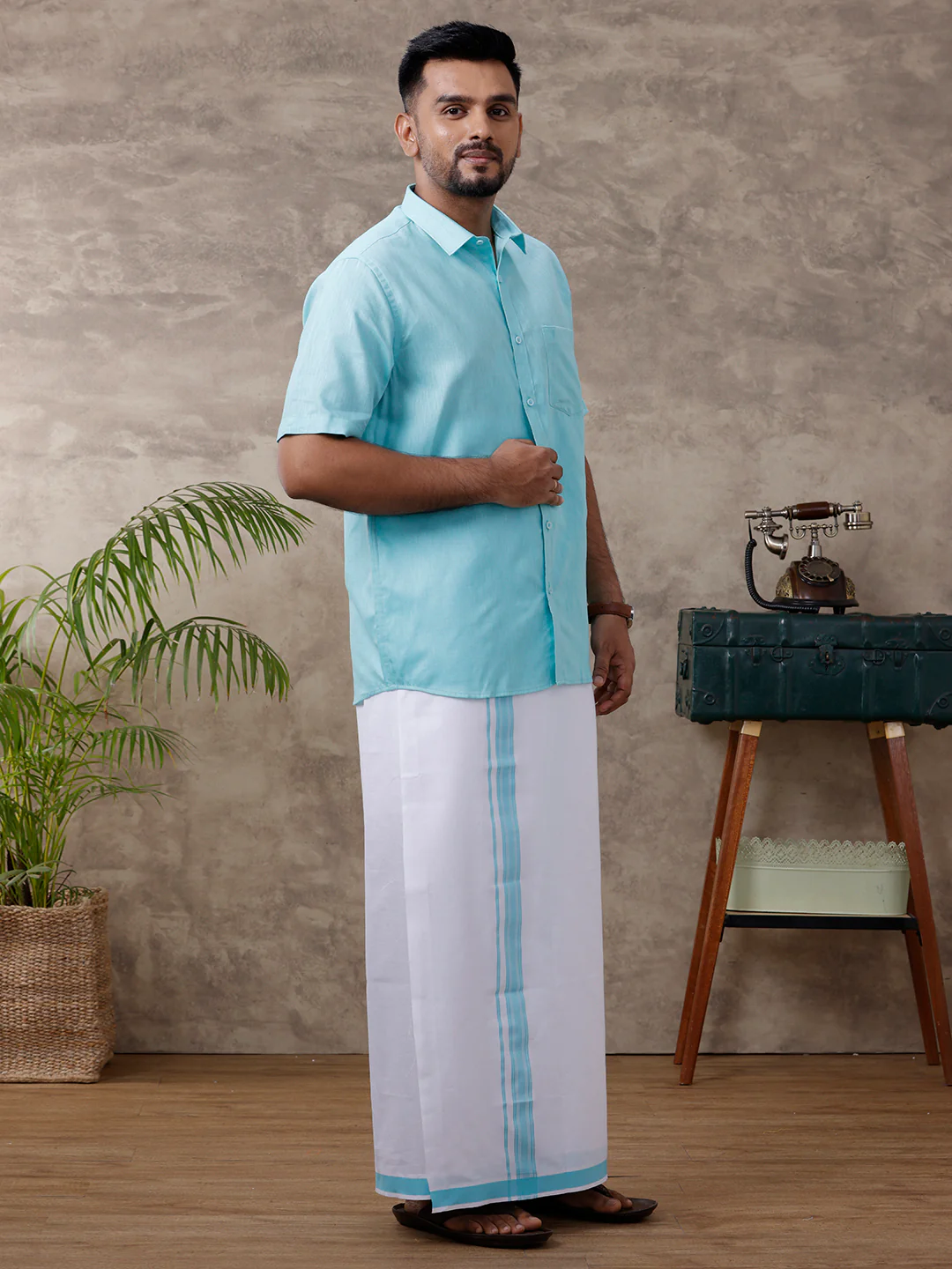 Men Matching Border Dhoti & Half Sleeves Shirt Set Blue C50 - Image 2