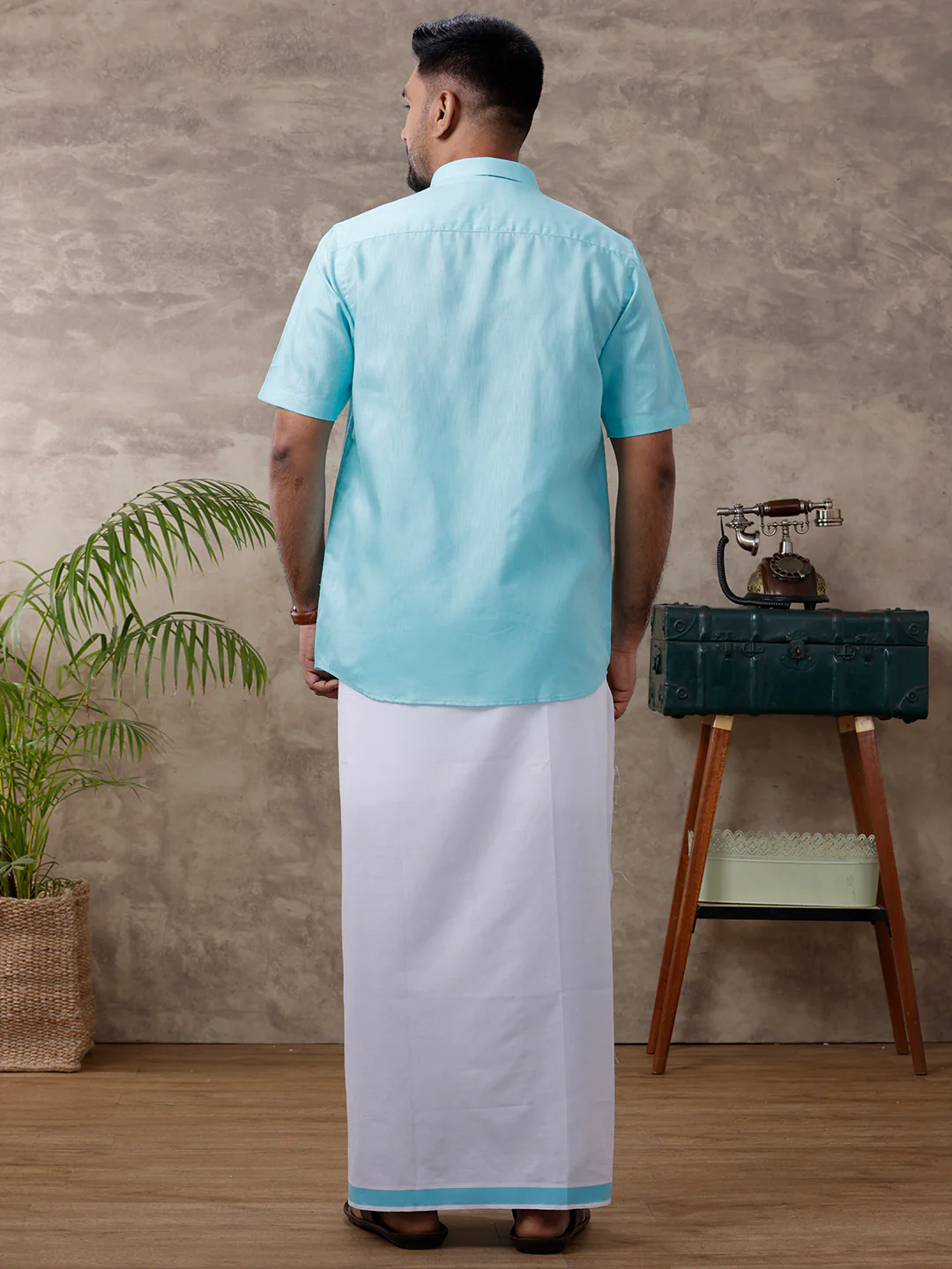 Men Matching Border Dhoti & Half Sleeves Shirt Set Blue C50 - Image 5