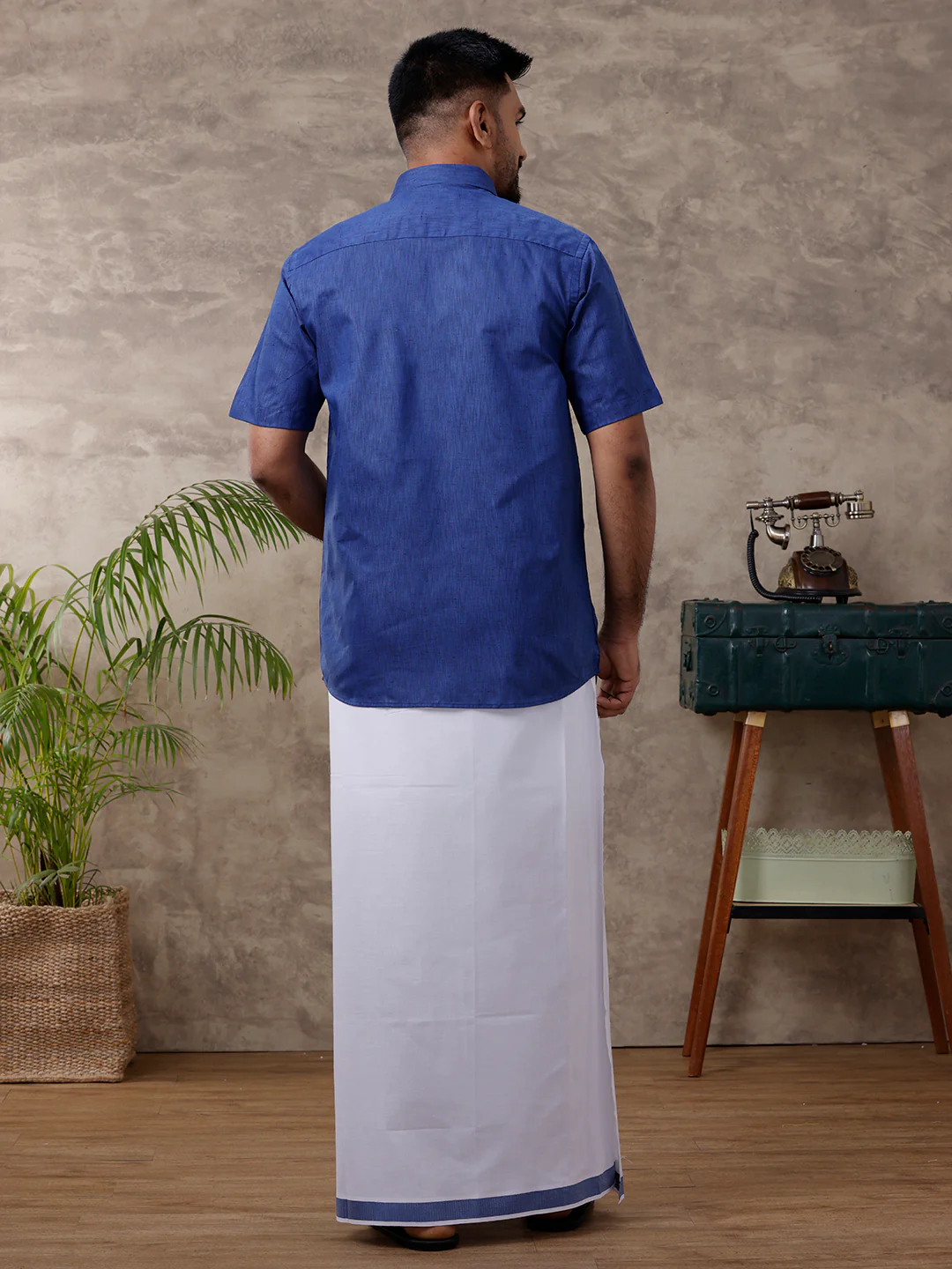 Men Matching Border Dhoti & Half Sleeves Shirt Set Blue C80 - Image 4