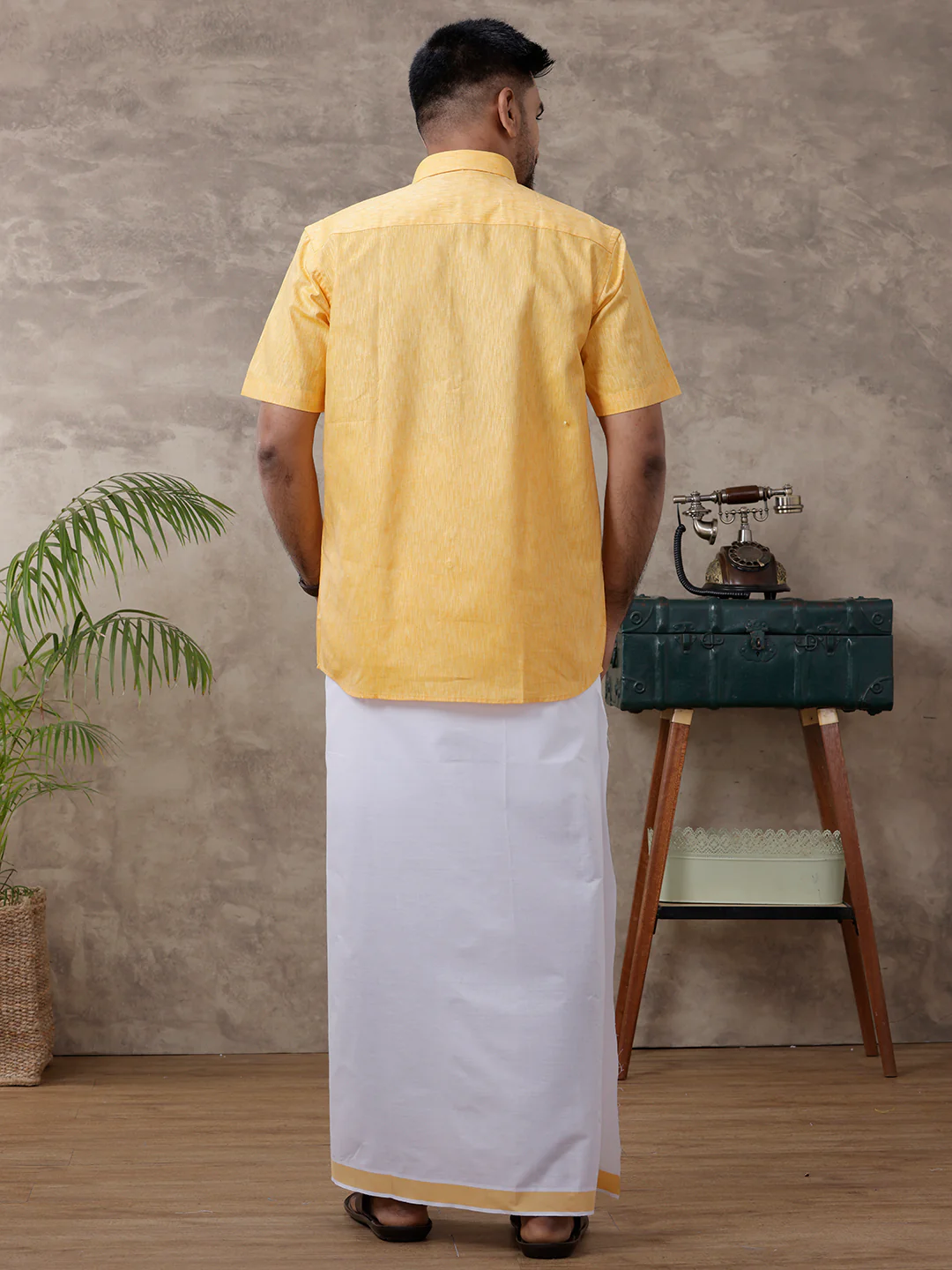 Men Matching Border Dhoti & Half Sleeves Shirt Set Gold C3 - Image 5