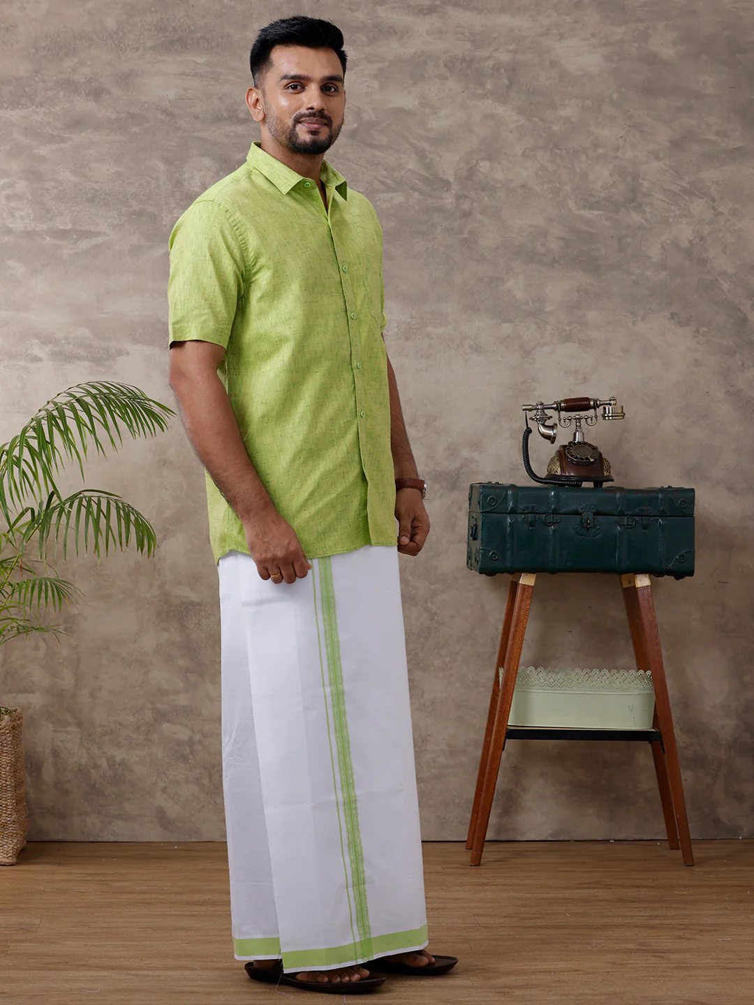 Men Matching Border Dhoti & Half Sleeves Shirt Set Green C82 - Image 2