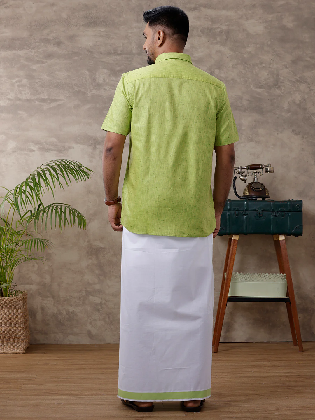 Men Matching Border Dhoti & Half Sleeves Shirt Set Green C82 - Image 3