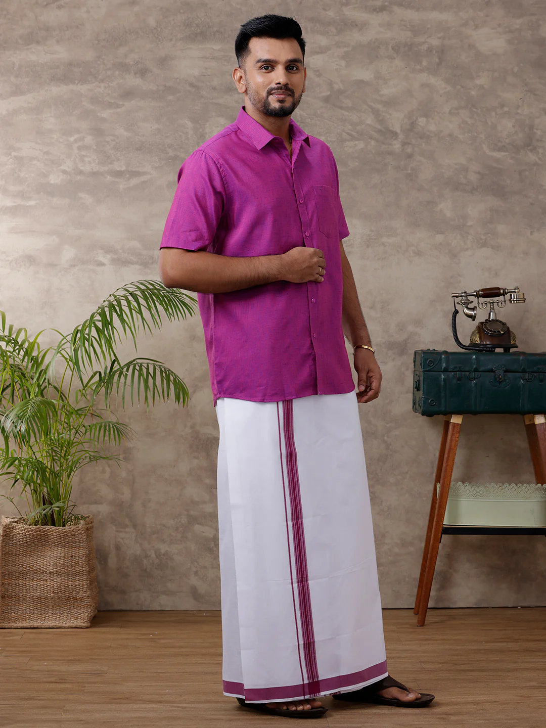 Men Matching Border Dhoti & Half Sleeves Shirt Set Magenta C49 - Image 2
