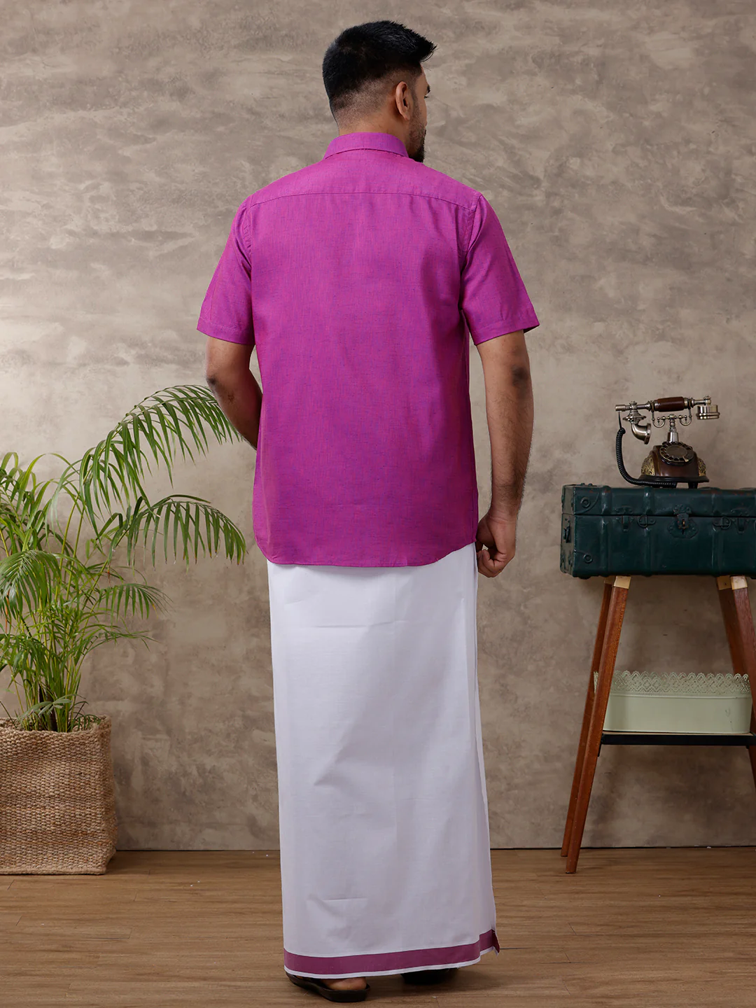 Men Matching Border Dhoti & Half Sleeves Shirt Set Magenta C49 - Image 3