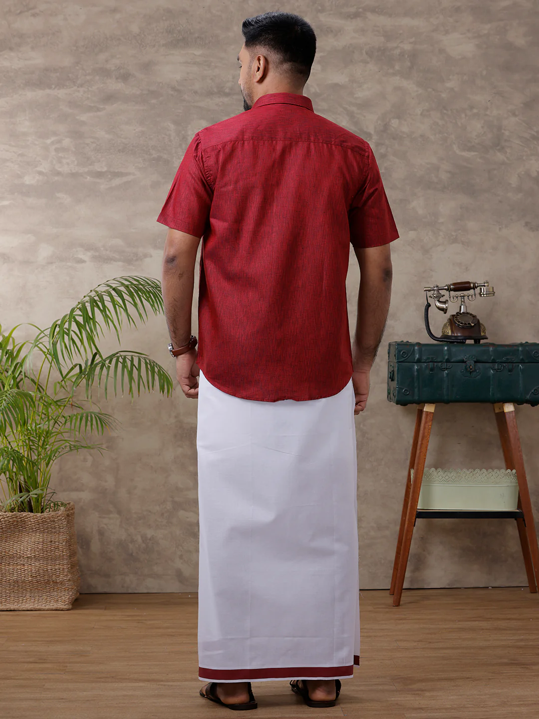 Men Matching Border Dhoti & Half Sleeves Shirt Set Maroon C81 - Image 4