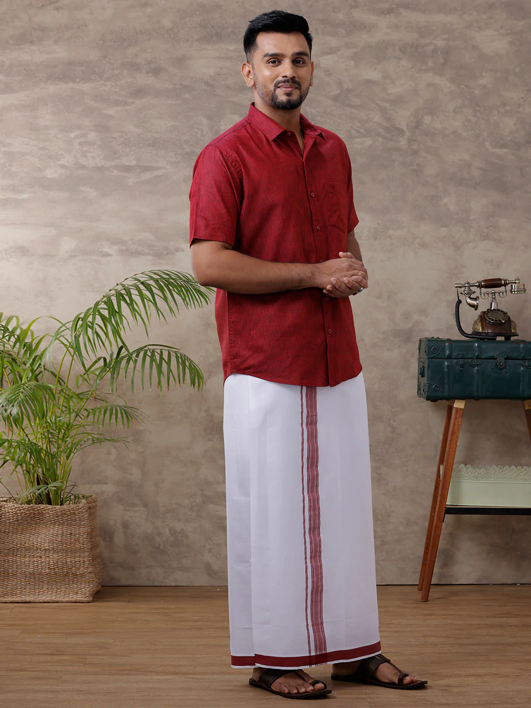 Men Matching Border Dhoti & Half Sleeves Shirt Set Maroon C81 - Image 5
