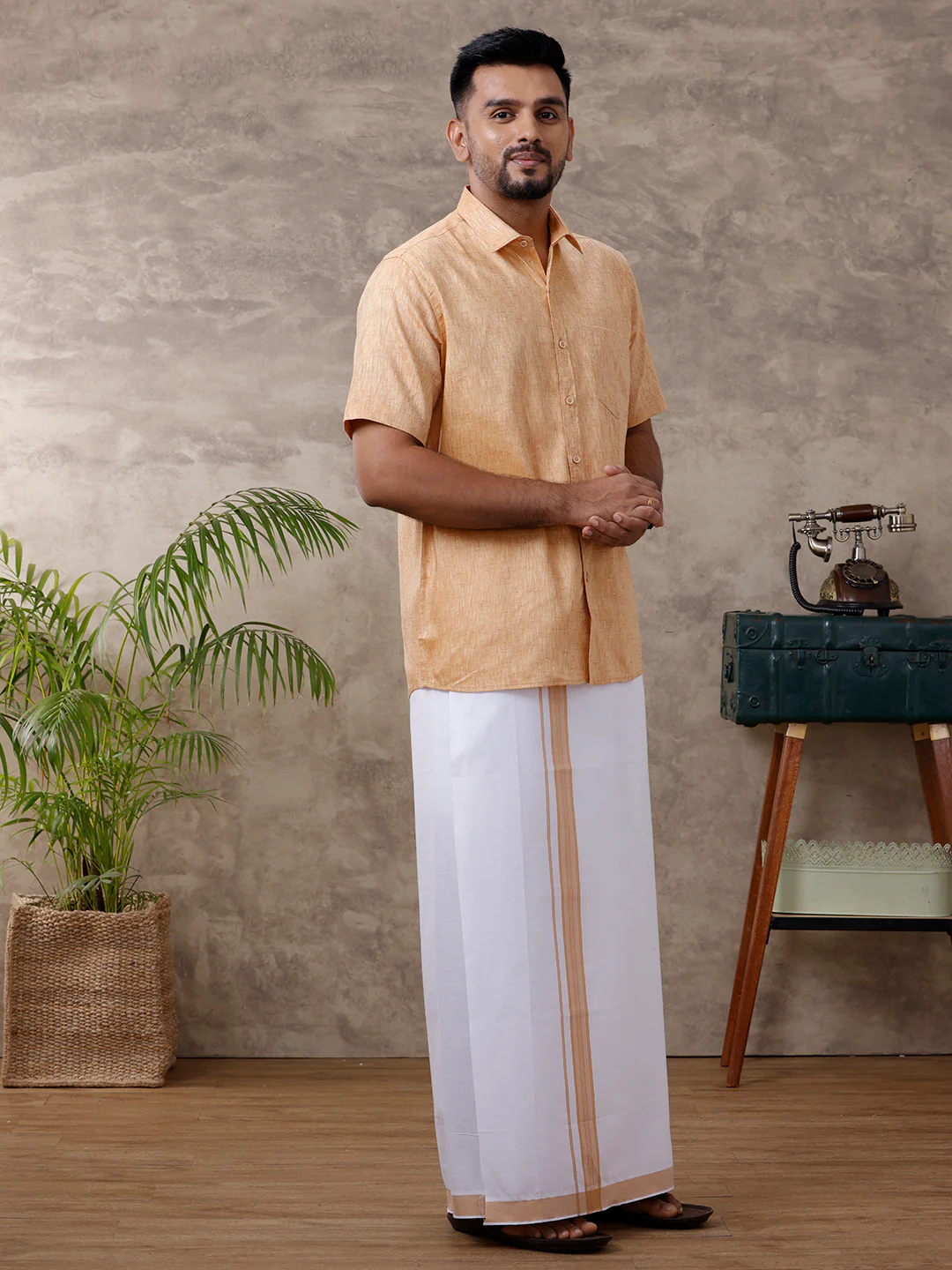 Men Matching Border Dhoti & Half Sleeves Shirt Set Mustard C1 - Image 2