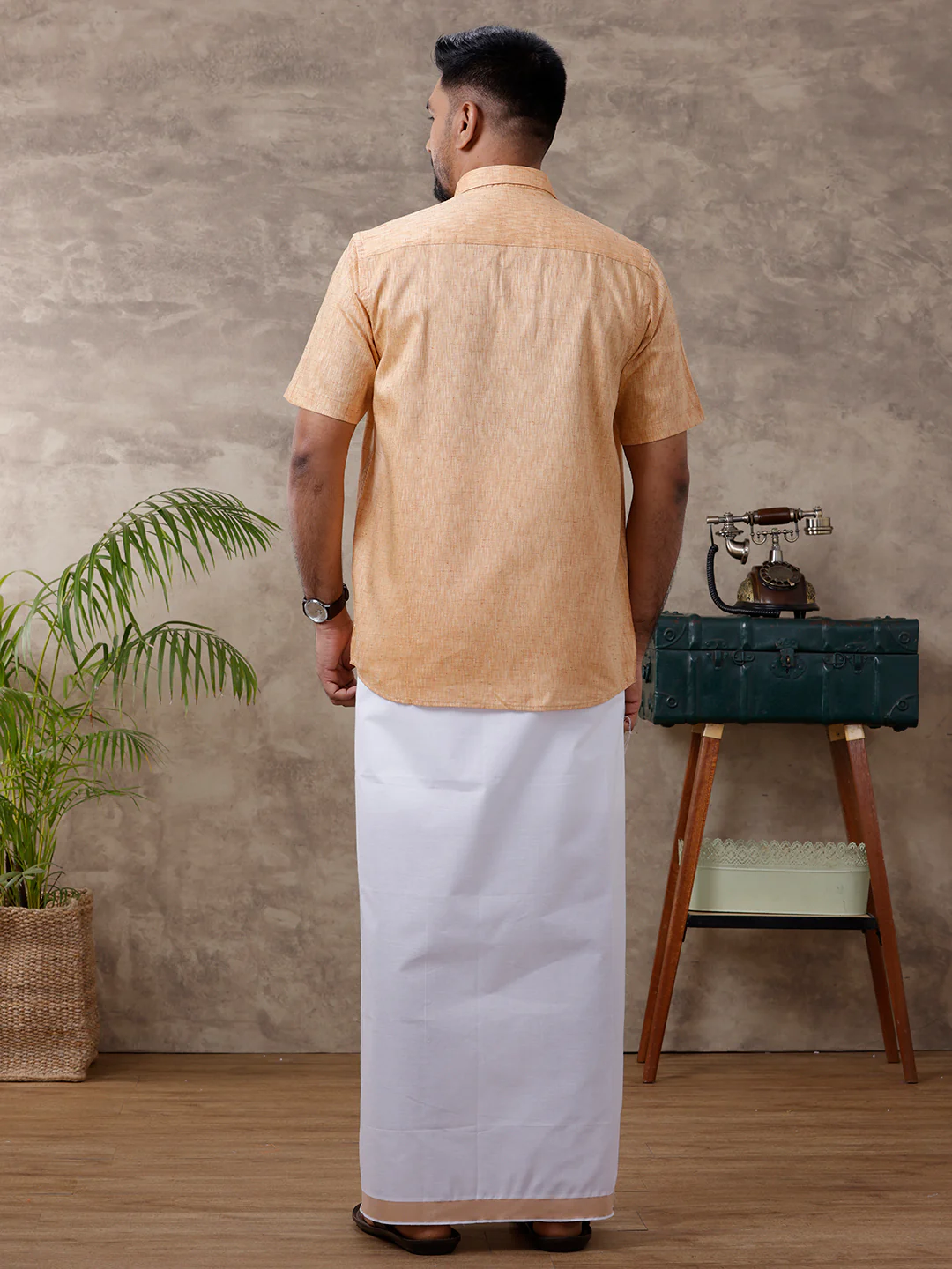 Men Matching Border Dhoti & Half Sleeves Shirt Set Mustard C1 - Image 4