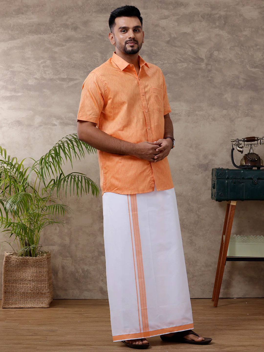 Men Matching Border Dhoti & Half Sleeves Shirt Set Orange C2 - Image 2