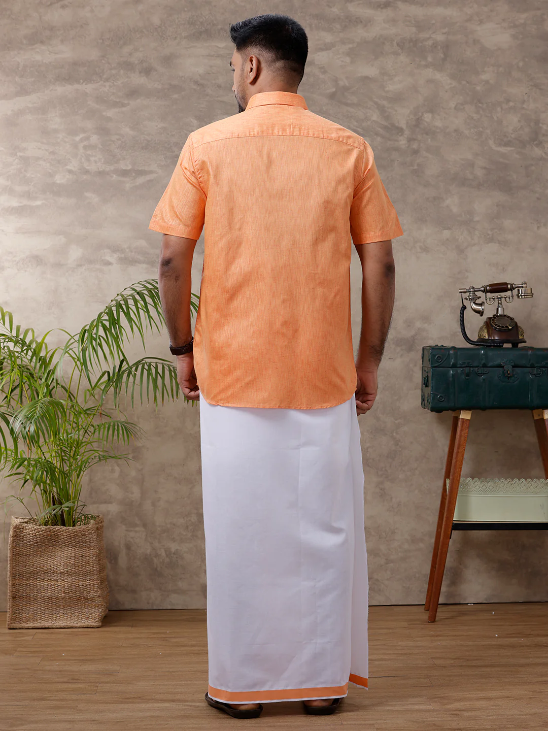 Men Matching Border Dhoti & Half Sleeves Shirt Set Orange C2 - Image 4
