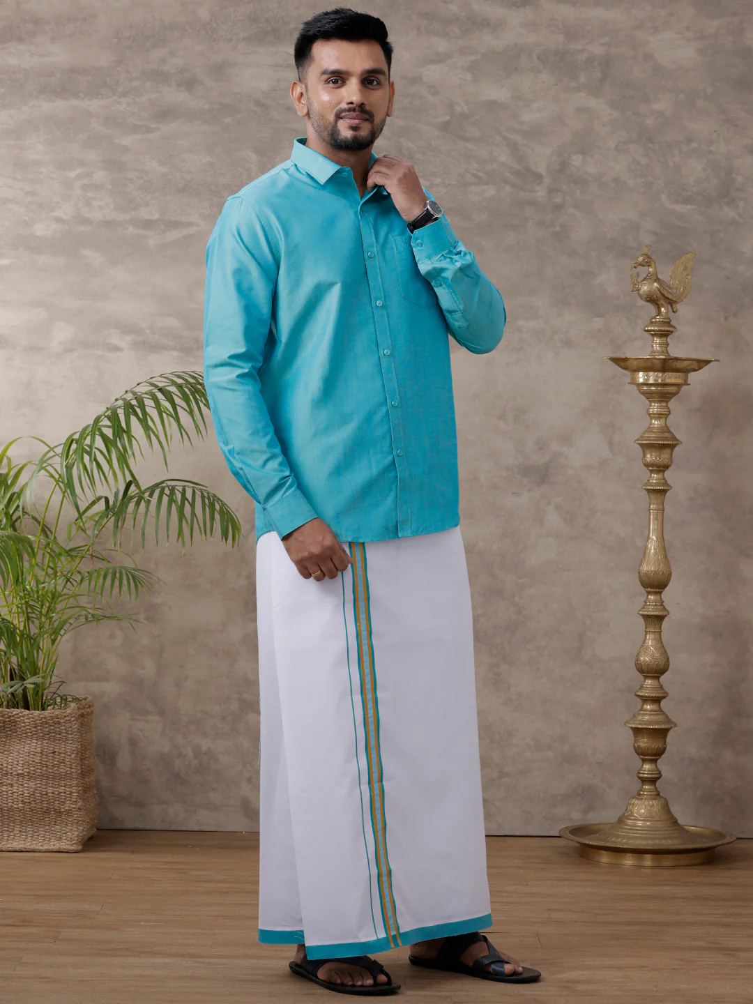 Men Matching Jari Border Dhoti & Full Sleeves Shirt Set Blue VB8 - Image 2