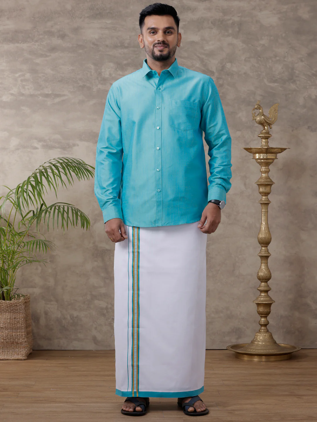 Men Matching Jari Border Dhoti & Full Sleeves Shirt Set Blue VB8 - Image 3