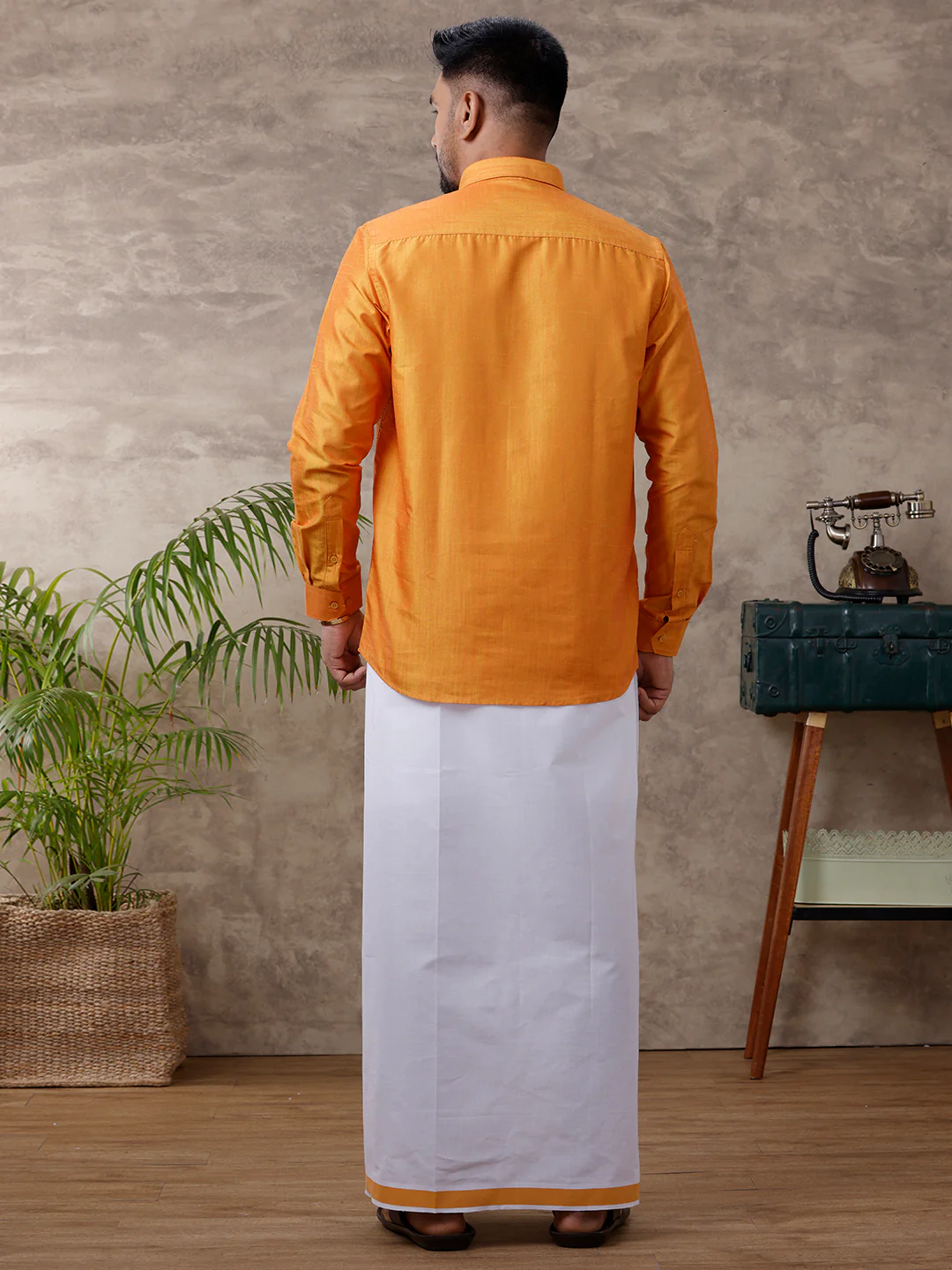 Men Matching Jari Border Dhoti & Full Sleeves Shirt Set Gold VB2 - Image 3