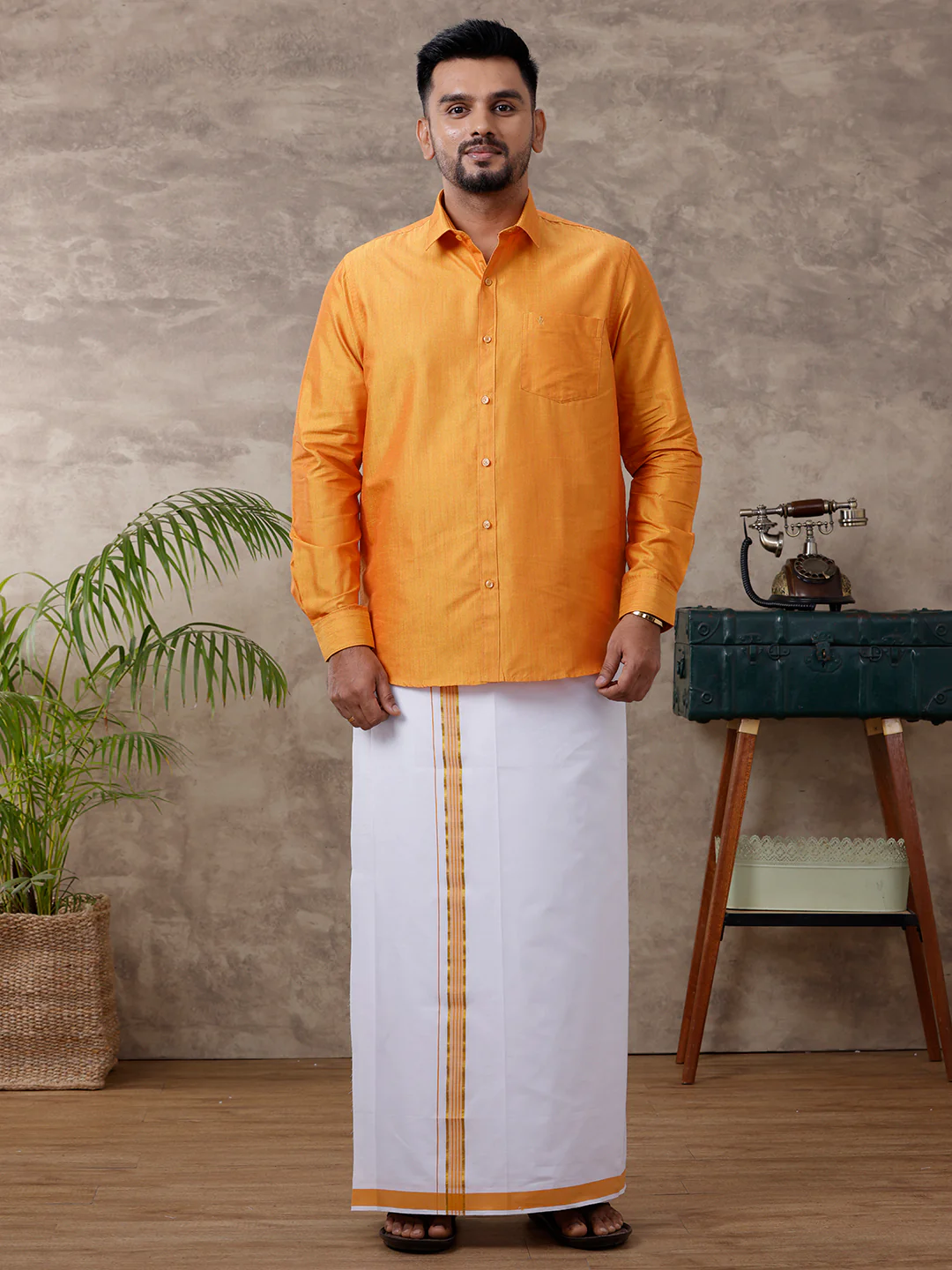 Men Matching Jari Border Dhoti & Full Sleeves Shirt Set Gold VB2 - Image 4
