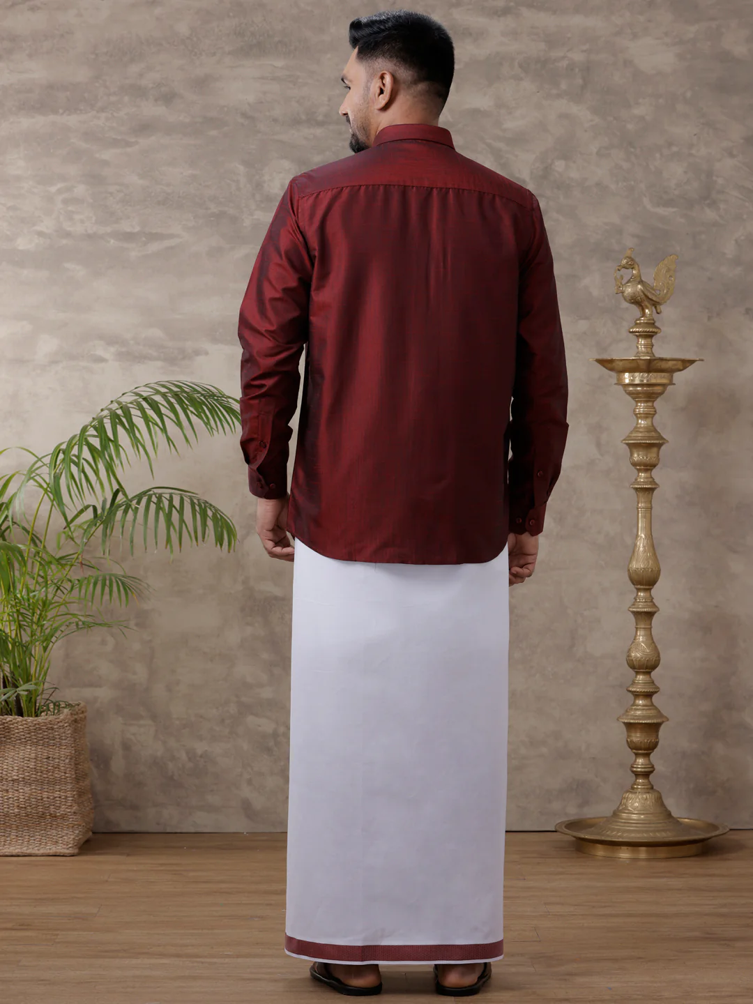 Men Matching Jari Border Dhoti & Full Sleeves Shirt Set Maroon VB7 - Image 4