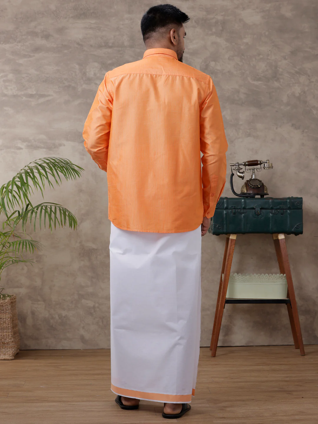 Men Matching Jari Border Dhoti & Full Sleeves Shirt Set Orange VB4 - Image 4