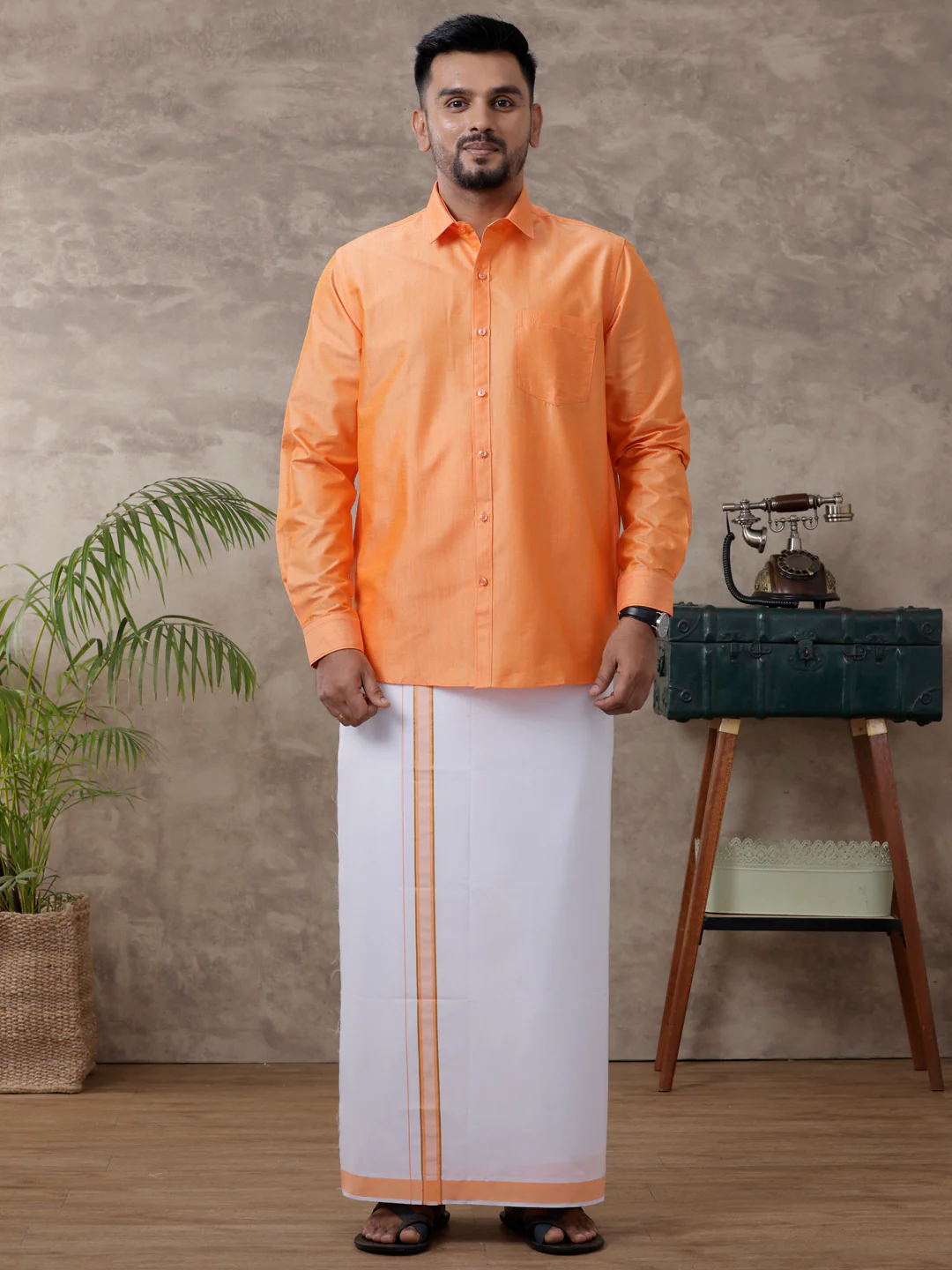 Men Matching Jari Border Dhoti & Full Sleeves Shirt Set Orange VB4 - Image 6