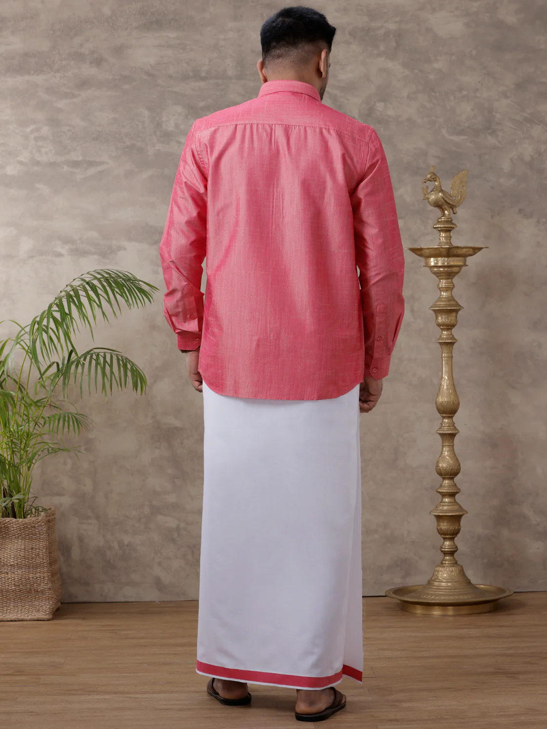 Men Matching Jari Border Dhoti & Full Sleeves Shirt Set Pink VB3 - Image 3