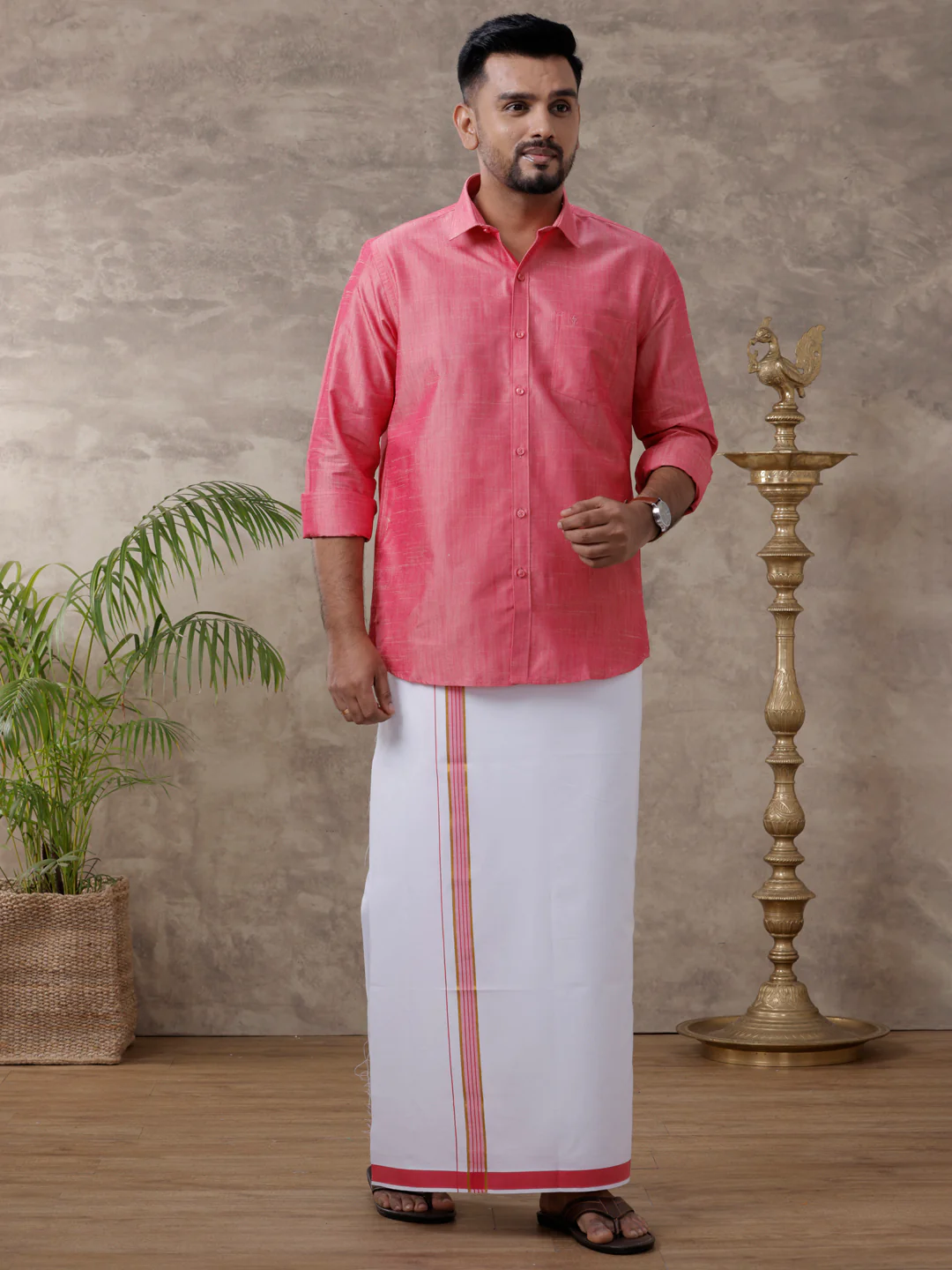 Men Matching Jari Border Dhoti & Full Sleeves Shirt Set Pink VB3 - Image 5