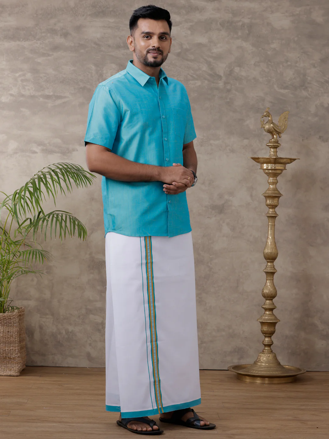 Men Matching Jari Border Dhoti & Half Sleeves Shirt Set Blue VB8 - Image 2
